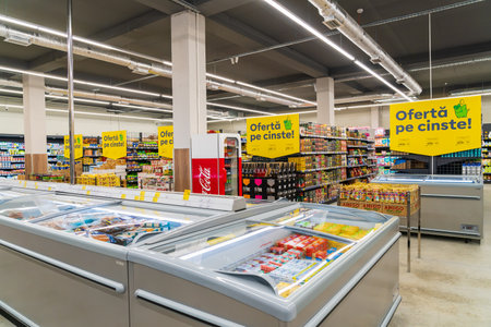 Interior of a retail supermarket. April 13, 2023 Beltsy, Moldova. For illustrative editorial use.のeditorial素材
