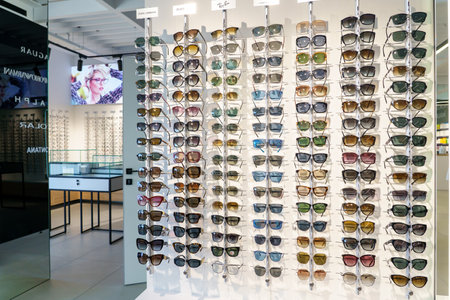 Sunglasses in optics. March 1, 2023 Beltsy, Moldova. For illustrative editorial use.のeditorial素材