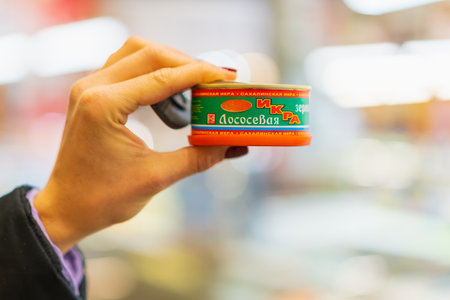 January 20, 2023 Beltsy, Moldova. For illustrative editorial use. Red salmon caviar granular, selective focus.のeditorial素材