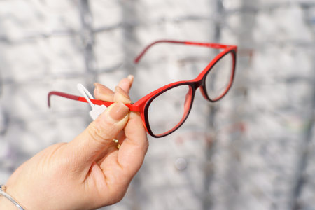 The doctor in optics holds glasses in his hands and selects the frame. March 1, 2023 Beltsy, Moldova. For illustrative editorial use.のeditorial素材