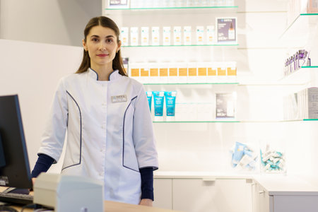 Pharmacist in a pharmacy. March 1, 2023 Beltsy, Moldova. For illustrative editorial use.のeditorial素材