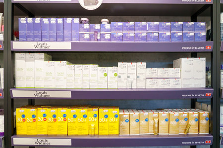 Goods on the shelf of a huge supermarket pharmacy. March 1, 2023 Beltsy, Moldova. For illustrative editorial use.のeditorial素材