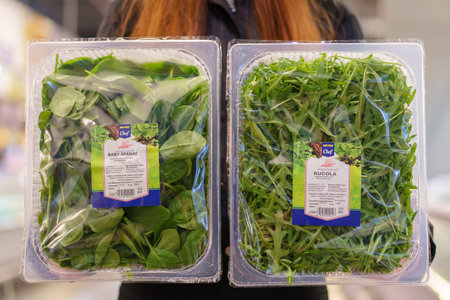 April 6, 2023 Beltsy, Moldova. For illustrative editorial use. Fresh greens spinach and arugula.のeditorial素材