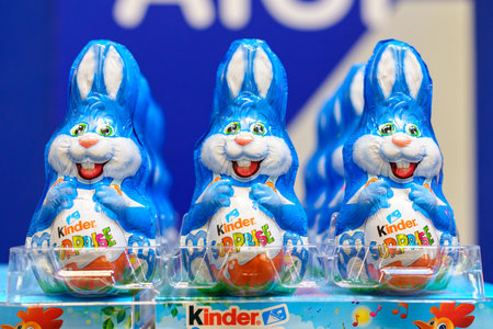 April 6, 2023 Beltsy, Moldova. For illustrative editorial use. Traditional Easter chocolate bunnies or hares.のeditorial素材