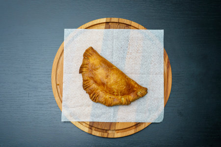 Chebureki. Appetizing pastries. Fast food. Snack from the bakery for a break. Background with selective focus and copy spaceの写真素材