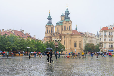 August 24, 2022 Prague, Czech Republic. Street view of the old city of Prague. Background with copy space for text.のeditorial素材
