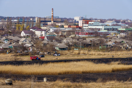 March 29, 2022 Balti Moldova. Editorial background for news. Burnt reeds after a fire near the villageのeditorial素材