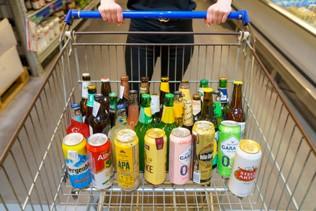 June 8, 2023 Beltsy, Moldova. For illustrative editorial use. Beer in a grocery cartのeditorial素材