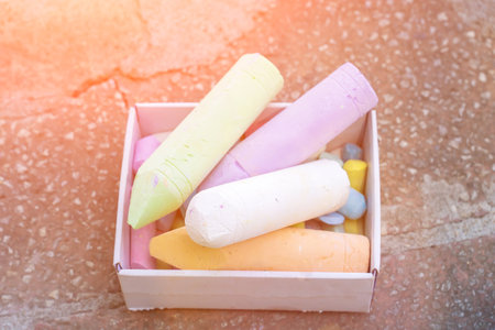 Chalk for children. Background with selective focus and copy space for text