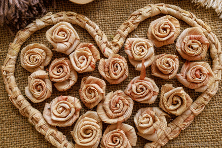 Straw decor. Background with selective focus and copy space for textの写真素材