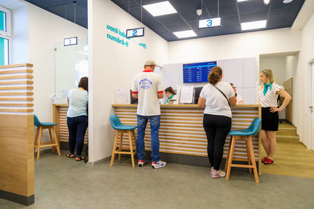 June 2, 2022 Beltsy, Moldova. For illustrative editorial use. Queue at a bank branch