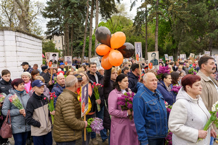 May 9, 2023 Beltsy, Moldova. For illustrative editorial use. Parade of the Immortal Regiment at the...