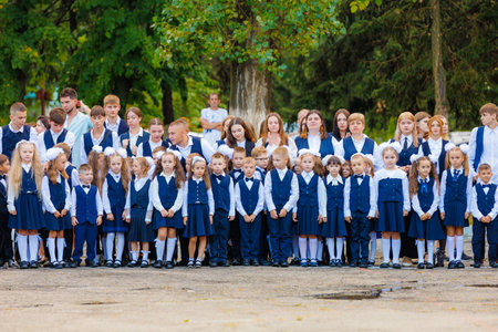September 1, 2023 Balti Moldova. Ceremonial celebration line at school. Knowledge Day. Back to...