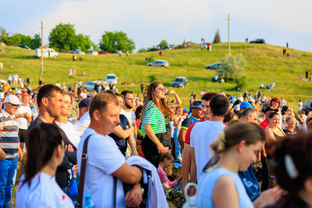 June 12, 2022 Duruitoara Moldova. For illustrative editorial use. People at the public open folk music festivalのeditorial素材