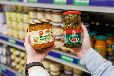 October 11, 2023 Beltsy, Moldova. For illustrative editorial use. Canned sauces and peppersのeditorial素材