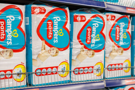 October 11, 2023 Beltsy, Moldova. For illustrative editorial use. Diapers Pampers