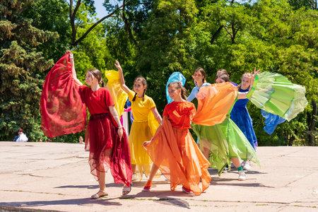 June 1, 2023 Beltsy, Moldova. For illustrative editorial use. Children dancing in the cityのeditorial素材