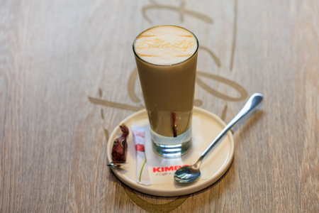 September 15, 2022 Beltsy, Moldova. For illustrative editorial use. Latte with foam and Sweet Life inscription made with a coffee printerのeditorial素材