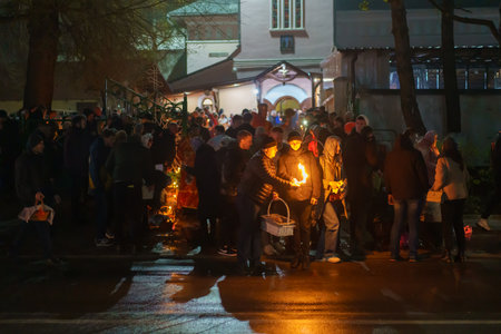 April 16, 2023 Beltsy, Moldova. For illustrative editorial use. People in church at Easter