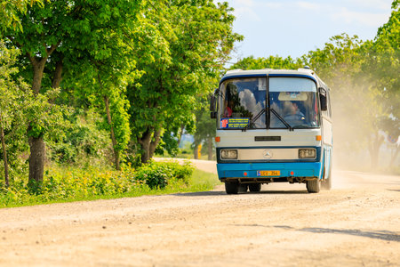 May 23, 2023 Dobruja village, Singerei district, Moldova. For illustrative editorial use. Bus for villagersのeditorial素材
