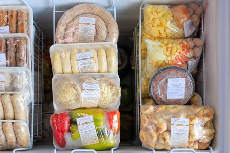 October 9, 2023. Balti Moldova. Frozen semi-finished products. Background with selective focus and copy spaceのeditorial素材