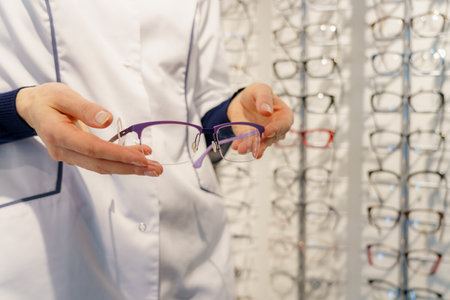 March 1, 2023 Beltsy, Moldova. For illustrative editorial use. Glasses in the hands of an ophthalmologist at an opticianのeditorial素材