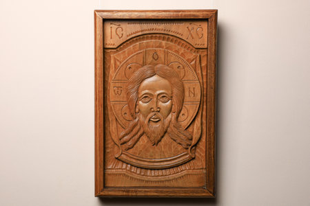 December 5, 2023 Balti Moldova. Wood carved image in icon style. An unusual hobby. Illustrative editorial.のeditorial素材