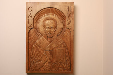 December 5, 2023 Balti Moldova. Wood carved image in icon style. An unusual hobby. Illustrative editorial.のeditorial素材