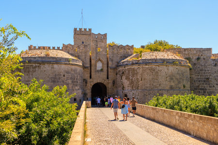 August 7, 2023 Rhodes Greece. For illustrative editorial use. Entrance to the ancient fortress of the old city, backgroundのeditorial素材