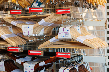 October 11, 2023 Beltsy, Moldova. For illustrative editorial use. Clothes hangers on the supermarket counter.のeditorial素材