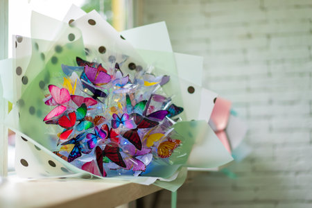 June 12, 2023 Beltsy, Moldova. For illustrative editorial use. Bouquets of paper butterfliesのeditorial素材