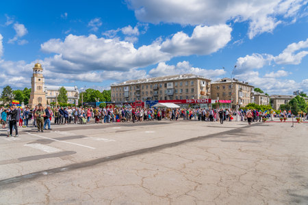 May 22, 2022 Beltsy, Moldova. For illustrative editorial use. People at the parade dedicated to City Dayのeditorial素材