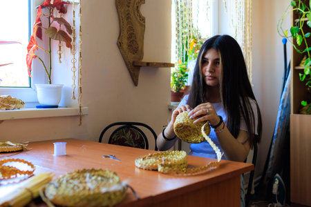 June 21, 2023 Rautel Moldova. For illustrative editorial use. Children doing folk craftsのeditorial素材