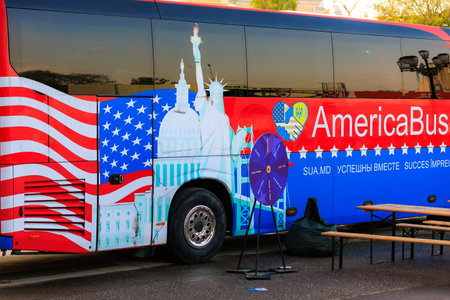 May 19, 2023 Beltsy, Moldova. For illustrative editorial use. American Bus on America Dayのeditorial素材