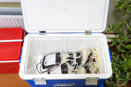 June 13, 2023 Beltsy, Moldova. For illustrative editorial use. Donor blood for transfusion to patientsのeditorial素材