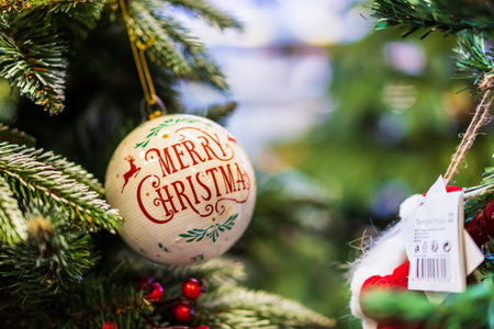 November 29, 2022 Beltsy, Moldova. For illustrative editorial use. Christmas ball on the Christmas tree for winter and New Year holidaysのeditorial素材