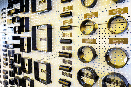 March 30, 2023 Chisinau Moldova. For illustrative editorial use. Stand with metal samples of heavy industry plant productsのeditorial素材