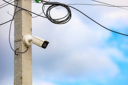 Surveillance Camera . Background with selective focus and copy space for text.