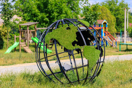 Green planet globe. Background with selective focus and copy space for text.の写真素材