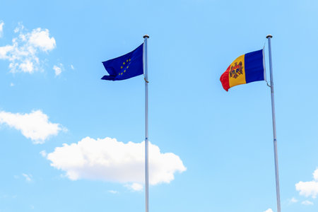 Flag of the state of the Republic of Moldova and the EU. Background with selective focus and copy space for textの写真素材