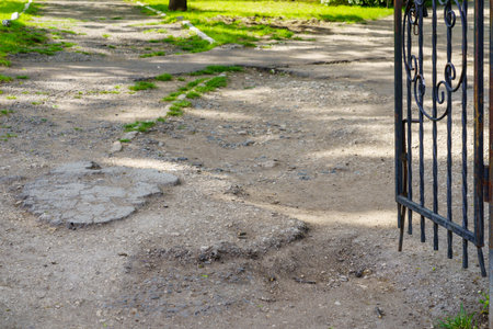 Broken sidewalks. Background with selective focus and copy space for textの写真素材