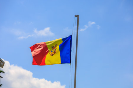 Flag of the state of the Republic of Moldova. Background with selective focus and copy space for...