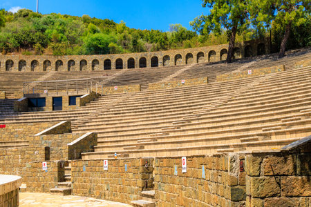 Ancient Amphitheater in Marmaris with Turkish inscriptions meaning Block or Sector and letters of the alphabet. Background with selective focus and copy space for textの写真素材