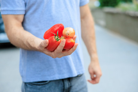 A man's hand holds vegetables. Selective focus on hands with blurred background and copy space for text.の写真素材