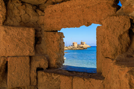 View of the port from the fortress wall of the island of Rhodes. Background with selective focus and...