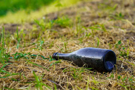 An abandoned champagne bottle in a field. Background with selective focus and copy space for textの写真素材