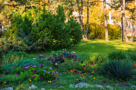 A lush green garden with a variety of flowers and plants. The garden is full of life and color, creating a peaceful and serene atmosphereの写真素材