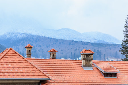 Scenic view of red tiled roofs and snow-capped mountains in winter landscape.の写真素材