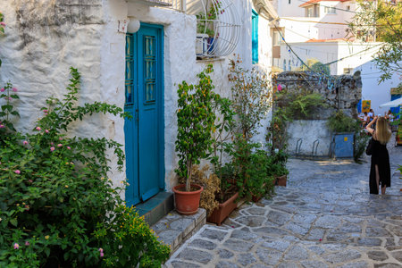 Old town with houses in Greek style. Background with selective focus and copy space for text.の写真素材