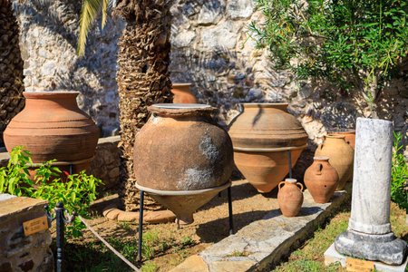 Antique clay vases. Background with selective focus and copy space for text.の写真素材